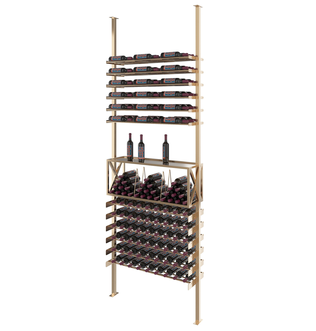 Golden bronze low profile wine bottle storage rack with tiered slots and two bottles on shelf.