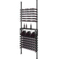 Black low profile wine bottle storage rack with tiered slots and two bottles on display.