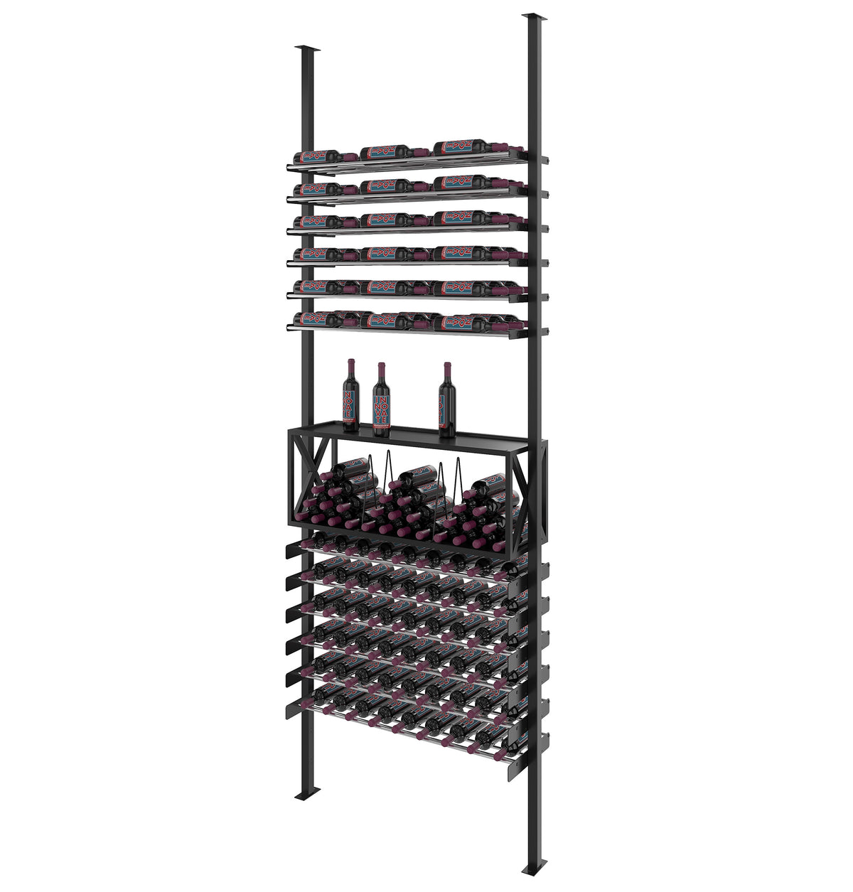 Black low profile wine bottle storage rack with tiered slots and two bottles on display.