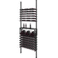 Matte black low profile wine bottle storage rack with tiered bottle rows and two bottles.