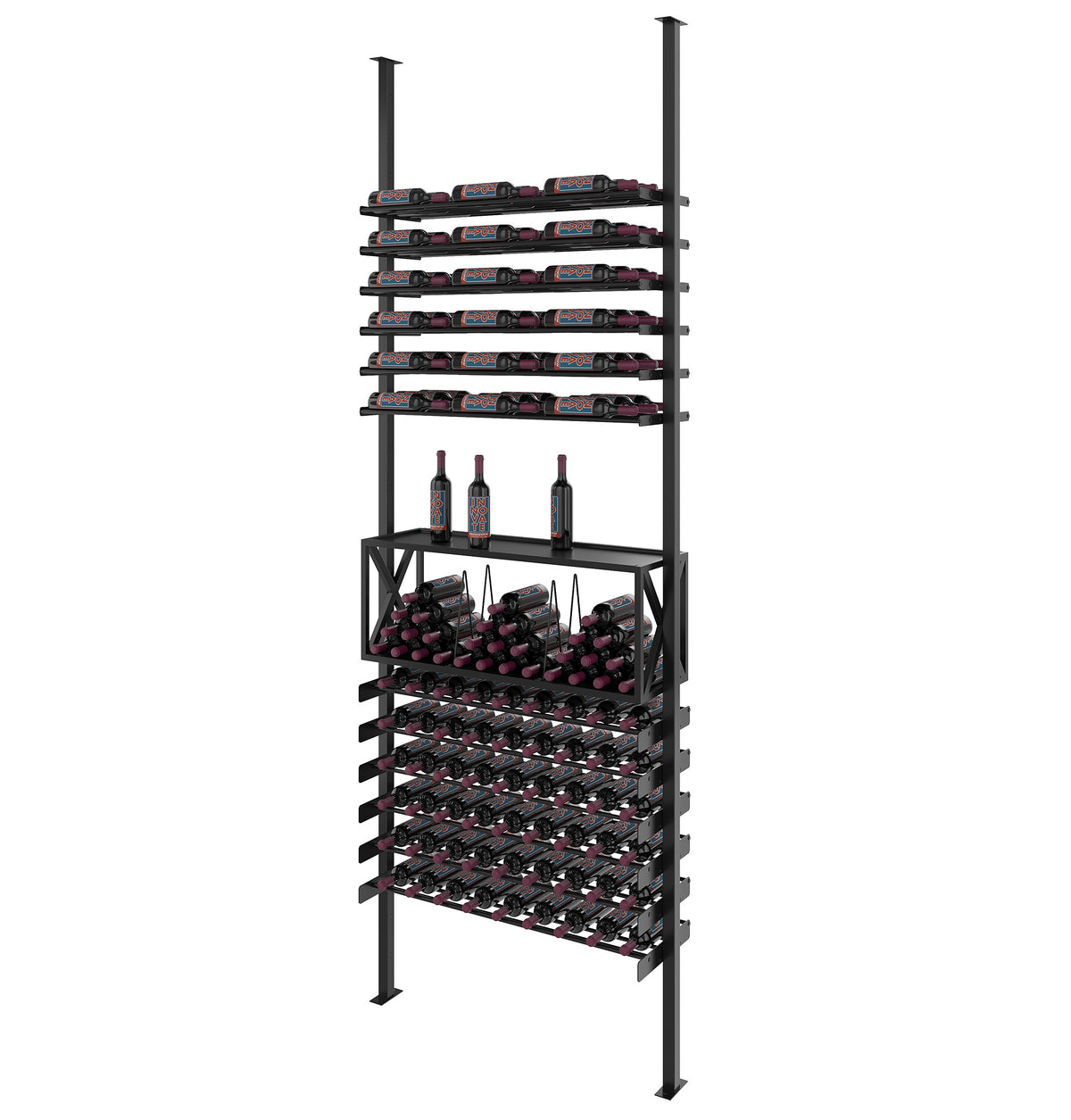 Matte black low profile wine bottle storage rack with tiered bottle rows and two bottles.