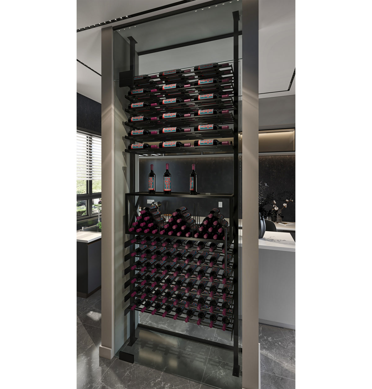 Built-in wine bottle storage cabinet with dark-framed tiers and bottled labels on racks.