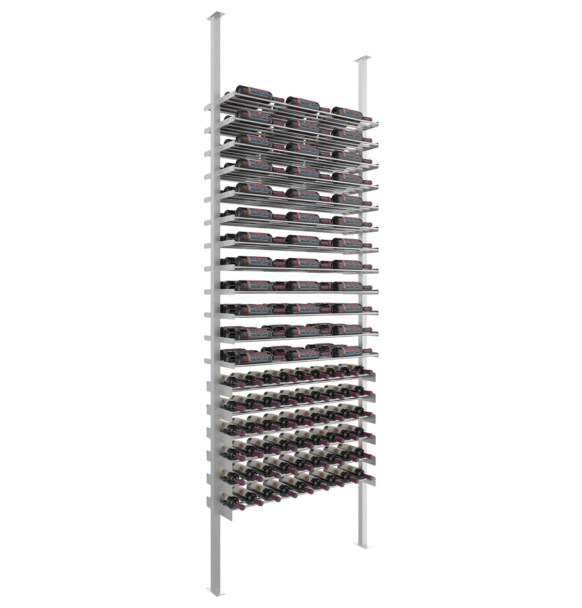 Single wine bottle storage rack with gray metal posts and black ledges, low-profile design