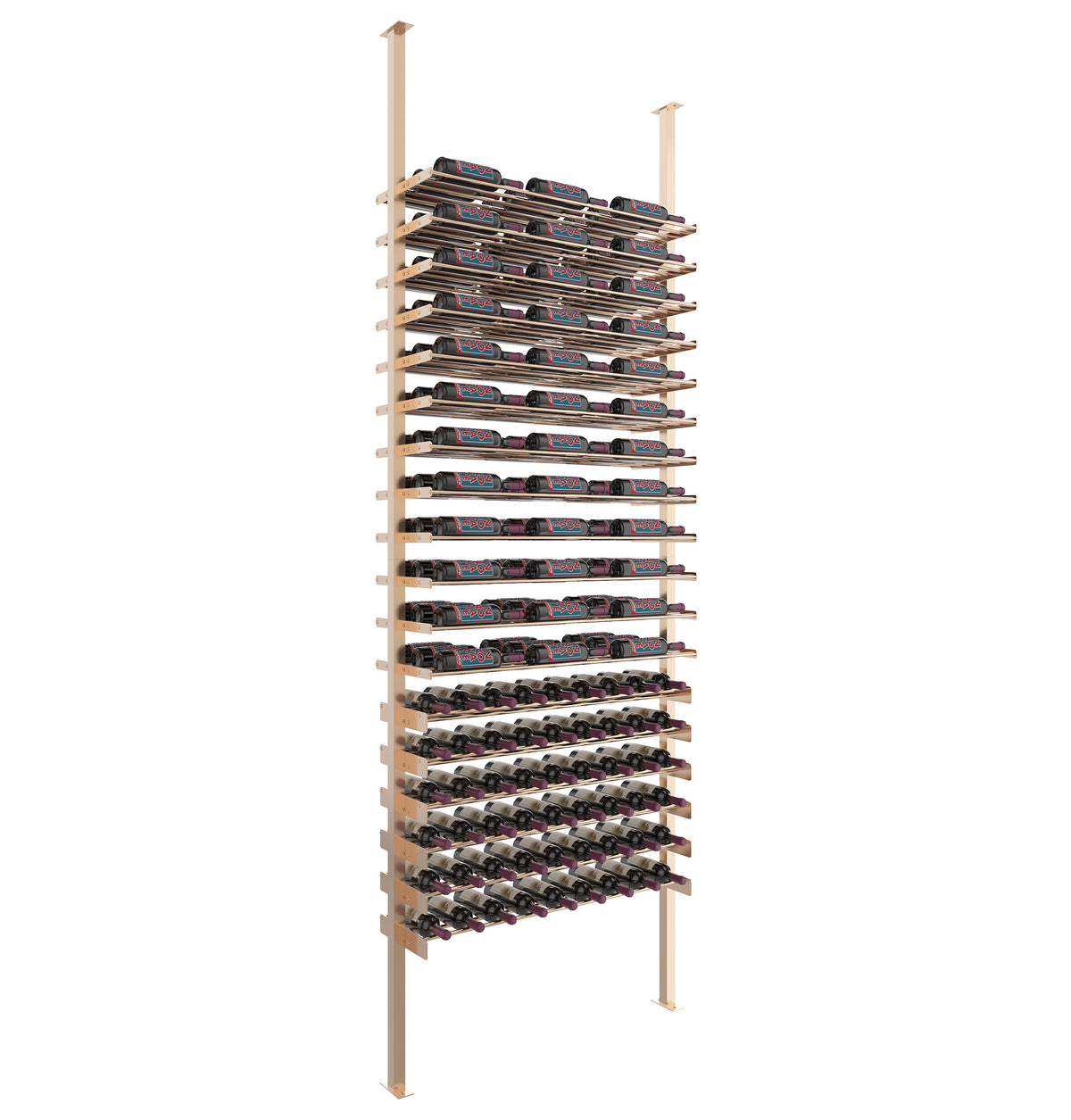 Single wine bottle storage rack with light wood posts and black ledges, low-profile design