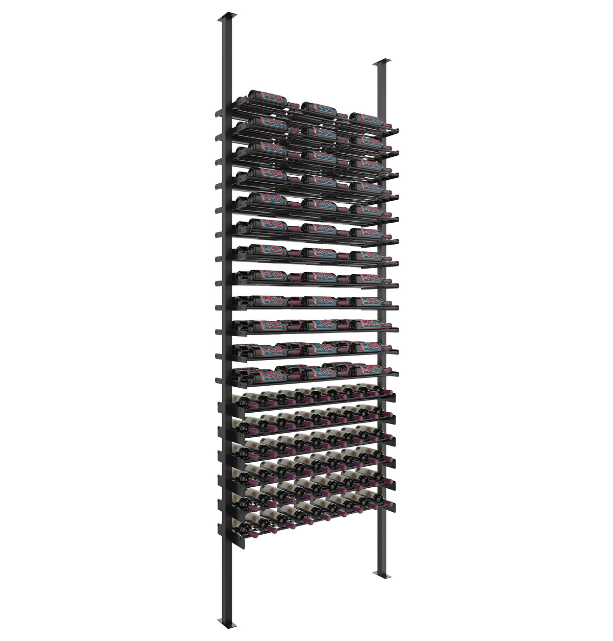 Single wine bottle storage rack with matte black posts and black ledges, low-profile design