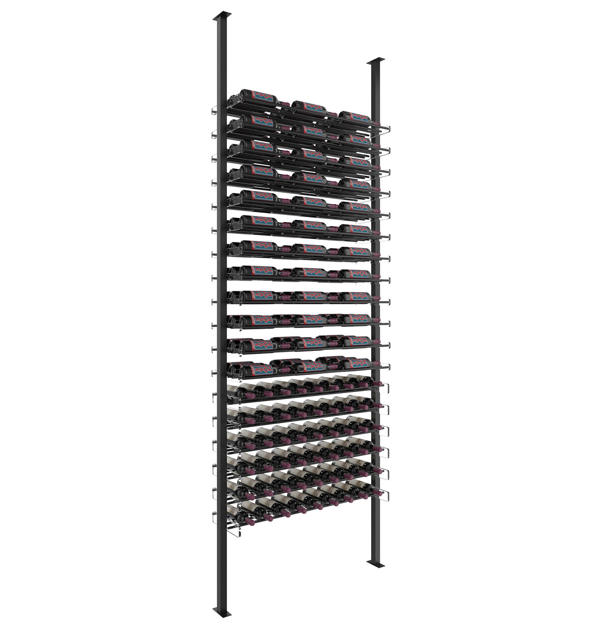 Low-profile wine bottle storage rack with matte black frame and black ledges