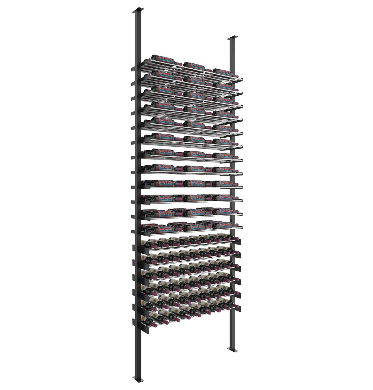 Low-profile wine bottle storage rack with matte black posts and black ledges