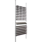 Wine bottle display rack with maroon-capped bottles and silver gray frame