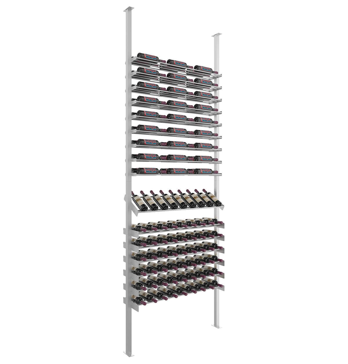 Wine bottle display rack with maroon-capped bottles and silver gray frame