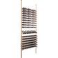Wine bottle display rack with maroon-capped bottles and light wood posts