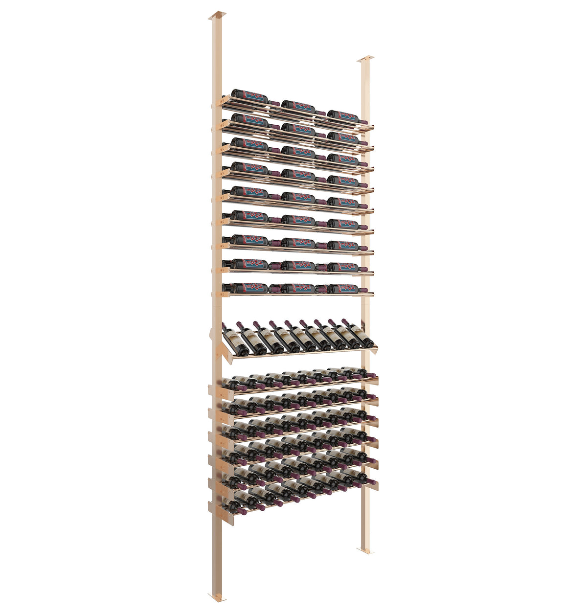 Wine bottle display rack with maroon-capped bottles and light wood posts