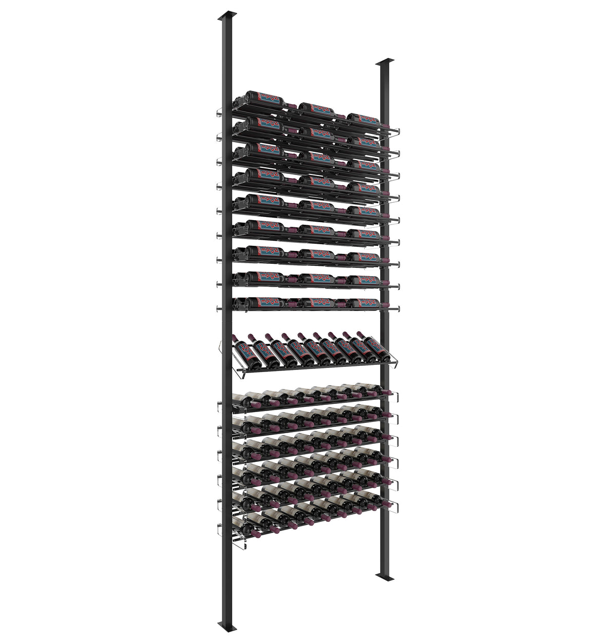 Wine bottle display rack with maroon-capped bottles and dark gray frame