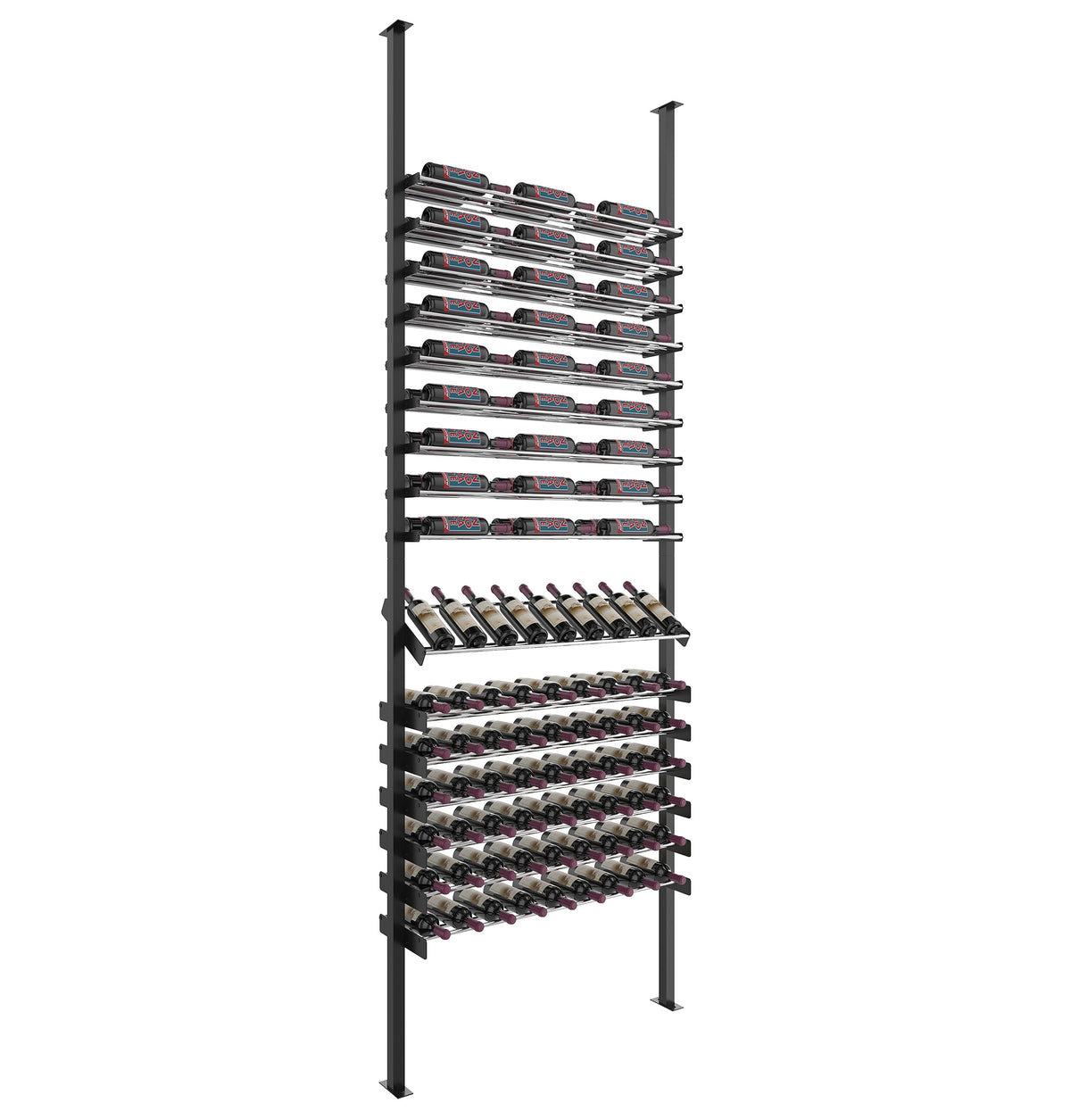 Wine bottle display rack with maroon-capped bottles and matte black frame