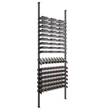 Wine bottle display rack with maroon-capped bottles and matte black frame
