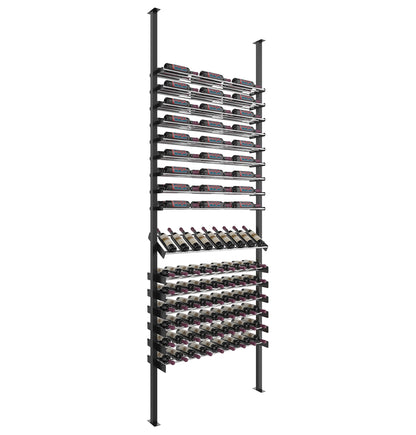 Wine bottle display rack with maroon-capped bottles and matte black frame