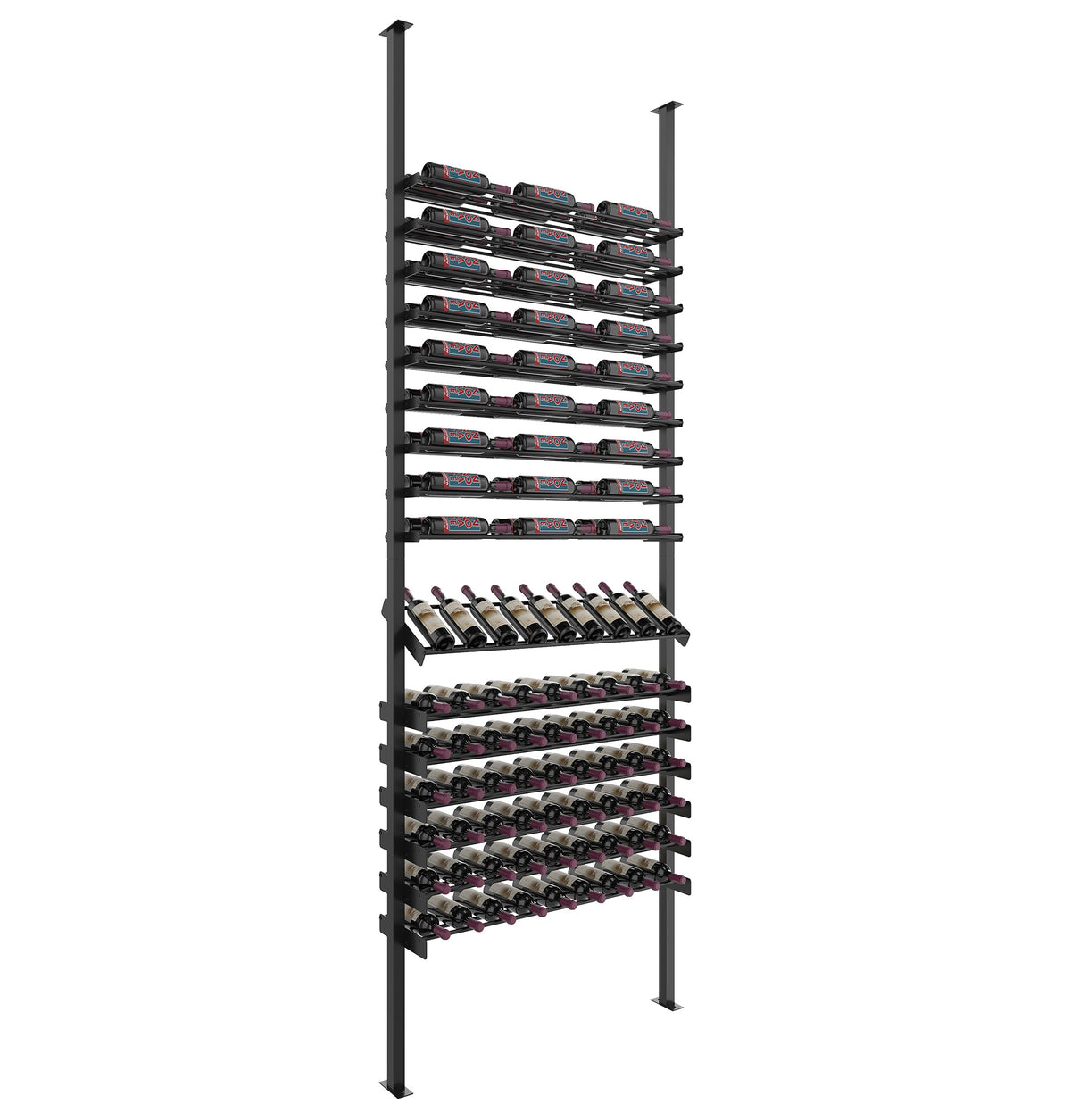Wine bottle display rack with maroon-capped bottles and matte black frame