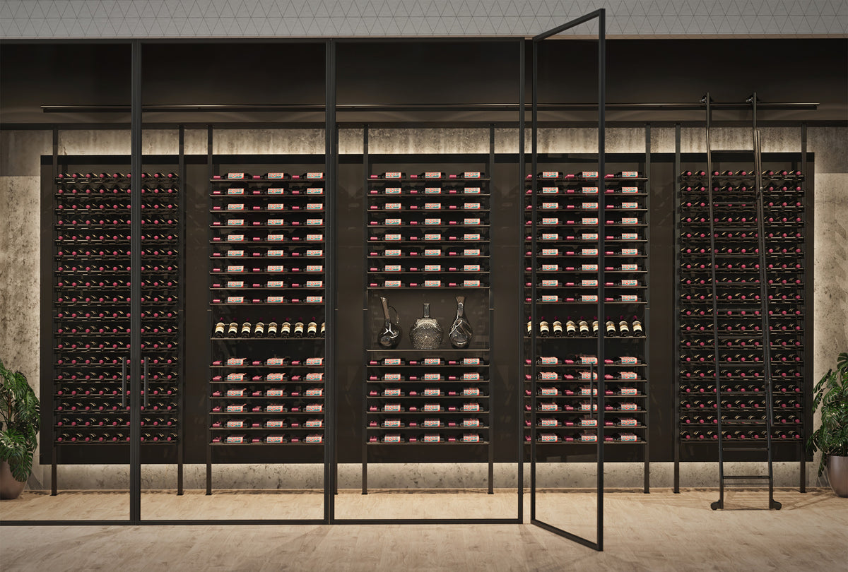 Wall-mounted wine bottle rack with multiple shelves and a central display niche.