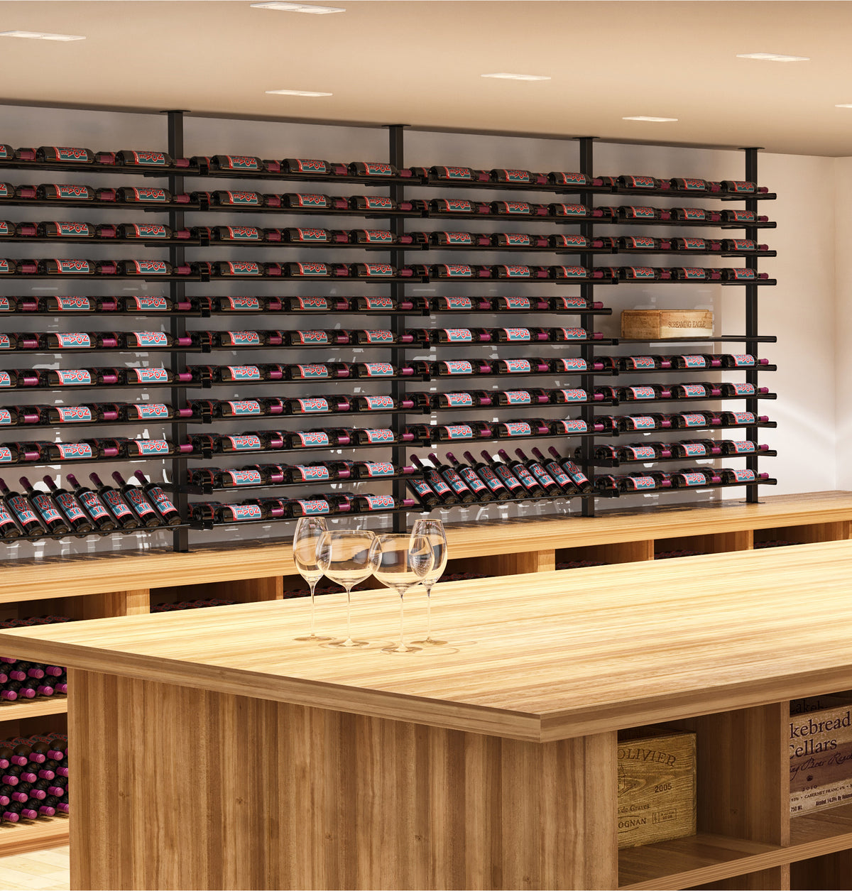 Wine bottle rack wall with horizontal shelves and bottles arranged above a wooden bar.