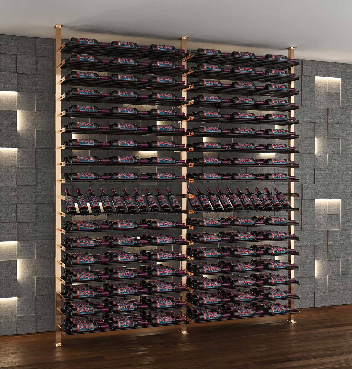 Evolution low-profile bottle display post kit, corner view with dark rows and frame posts