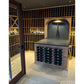 Wall-mounted wine bottle rack with dark frame and rows of bottles in a display bay