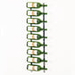 Wall-mounted wine bottle rack holding multiple green wine bottles with metal holders