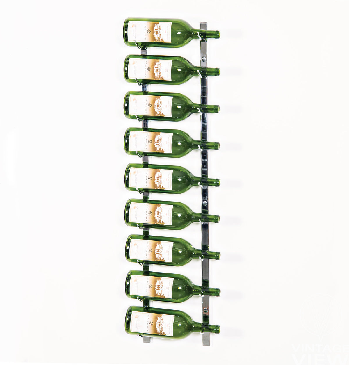 Wall-mounted wine bottle rack holding multiple green wine bottles with metal holders