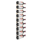 Wall wine bottle rack holding white wine bottles with metal pegs and neck rests