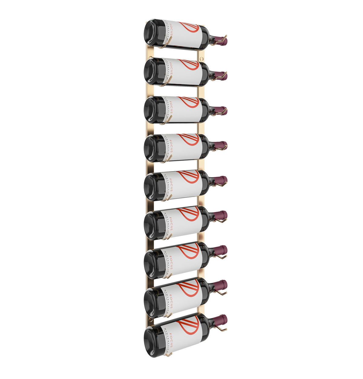Wall wine bottle rack holding white wine bottles with metal pegs and neck rests