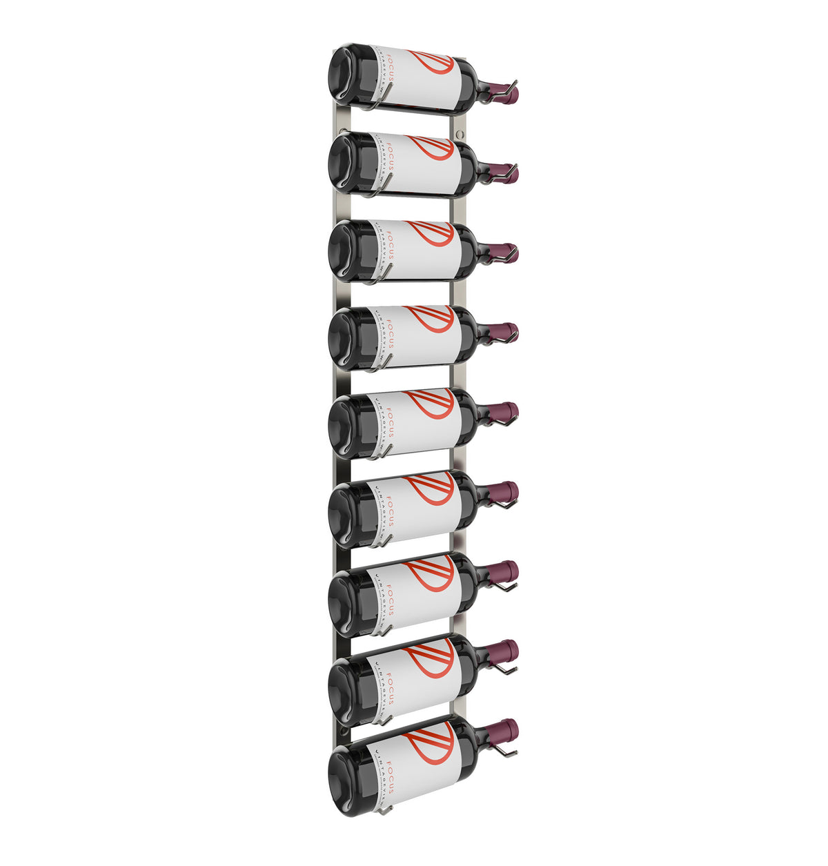 Wall-mounted wine bottle rack holding white wine bottles on metal bottle pegs