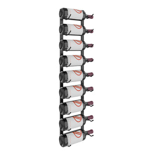 Wall wine bottle rack holding white wine bottles with dark metal bottle holders