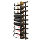 Wall-mounted wine bottle rack holding dark wine bottles with metal neck pegs