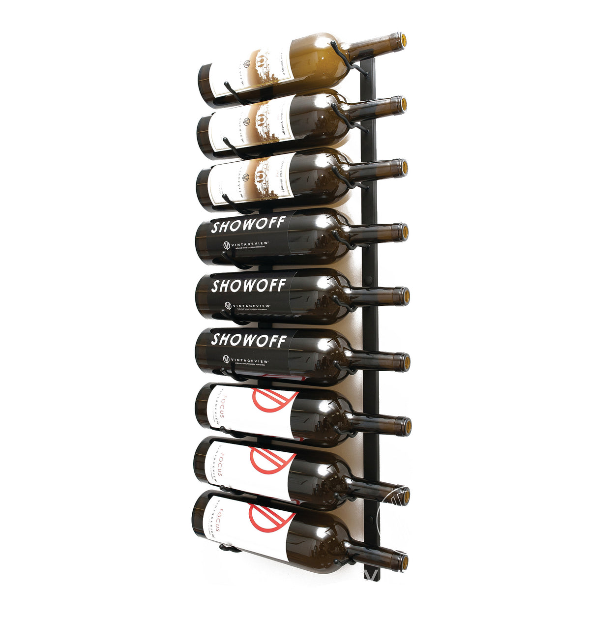 Wall-mounted wine bottle rack holding dark wine bottles with metal neck pegs