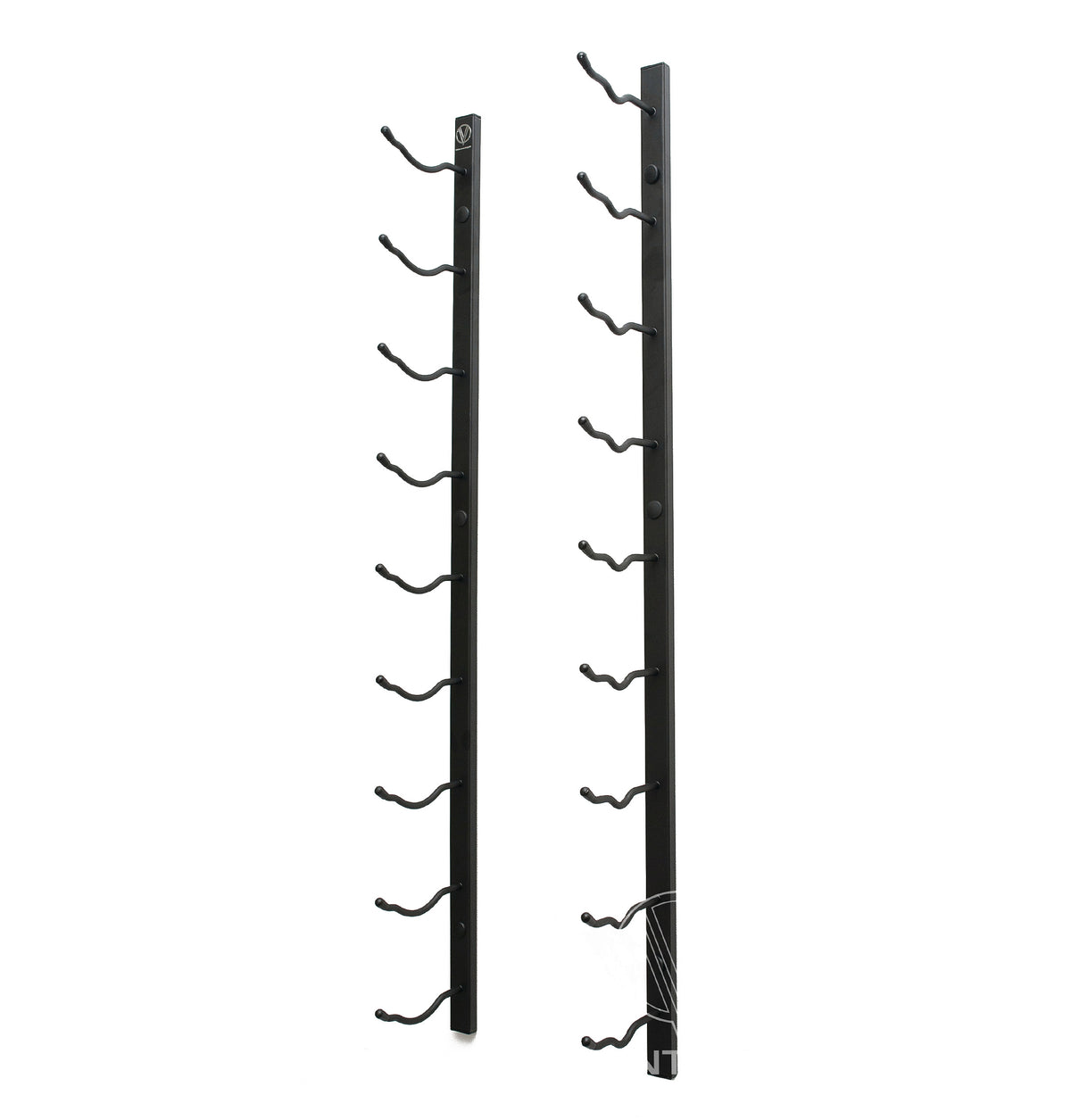 Black wall wine bottle rack with two vertical rails and curved bottle holders