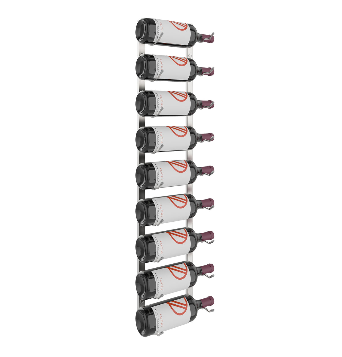 Wall wine bottle rack holding white wine bottles with metal bottle holder arms