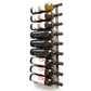 Wall-mounted wine bottle rack holding dark wine bottles on metal neck pegs