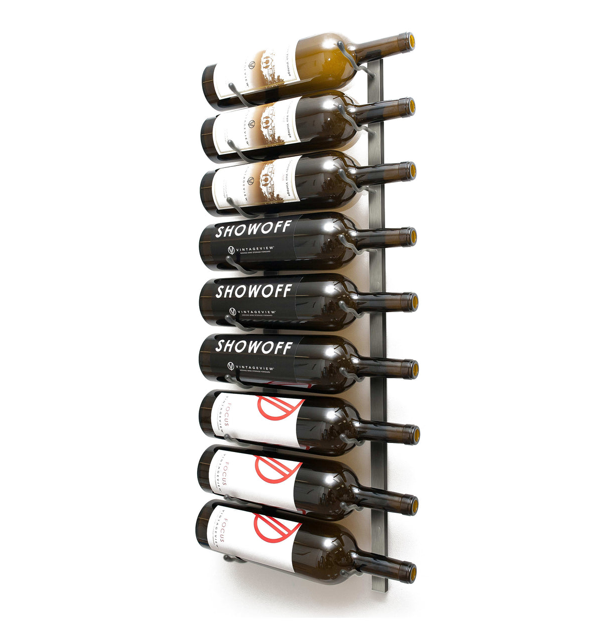 Wall-mounted wine bottle rack holding dark wine bottles on metal neck pegs