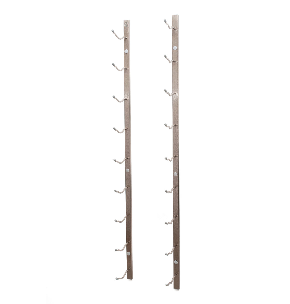 Wall-mounted wine bottle rack with curved hooks, vertical bars in brushed metal finish