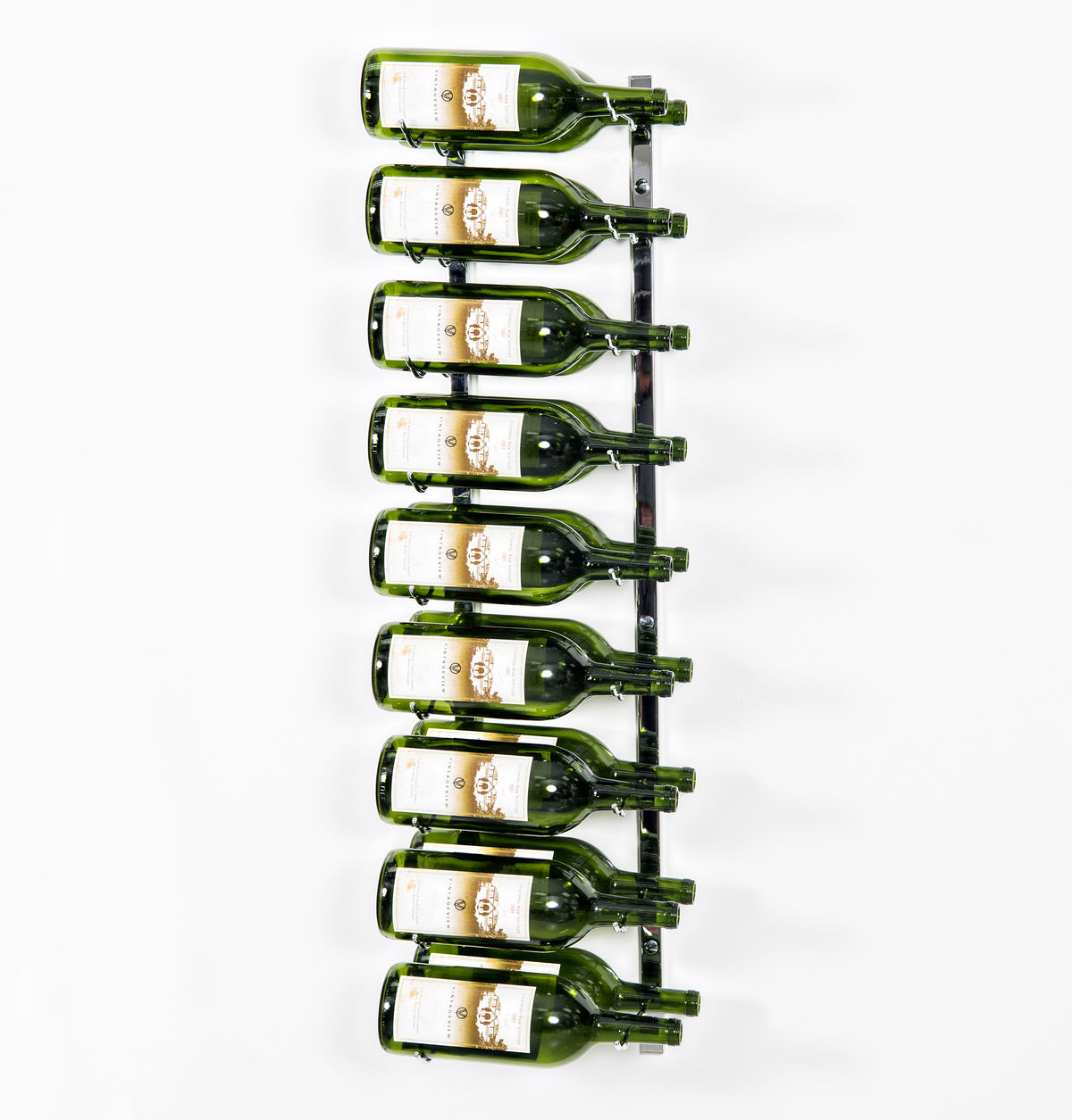 Wall-mounted bottle rack holding green wine bottles with white labels, metal hooks