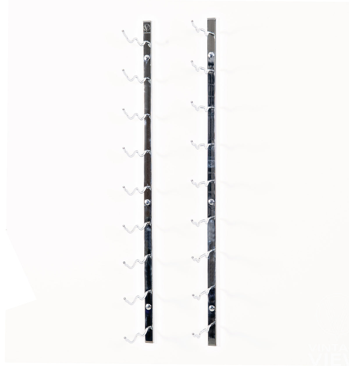 Wall-mounted wine bottle rack with curved hooks, vertical bars in dark chrome finish