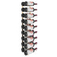 Wall-mounted bottle rack holding white-labeled wine bottles with red accents, black frame