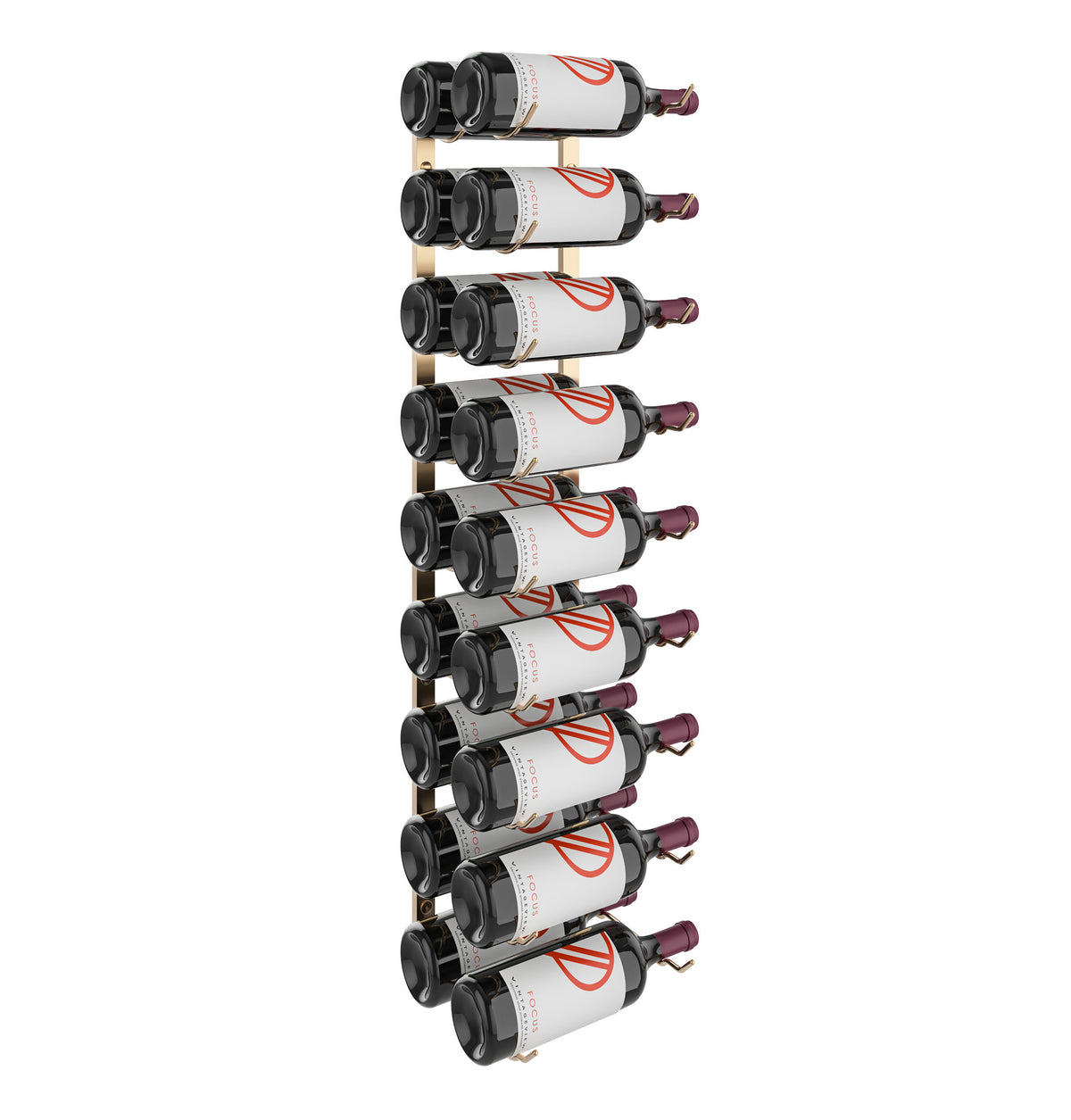 Wall-mounted bottle rack holding white-labeled wine bottles with red accents, black frame