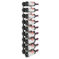 Wall-mounted bottle rack with curved hooks holding white wine bottles, black metal