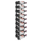 Wall-mounted bottle rack holding several white wine bottles with red stripe, black frame