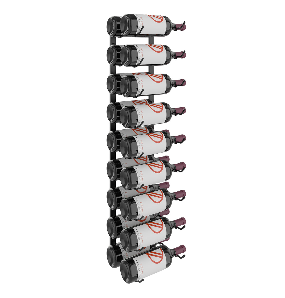 Wall-mounted bottle rack holding several white wine bottles with red stripe, black frame
