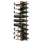 Wall-mounted wine bottle rack holding dark green bottles with labels, metal hooks