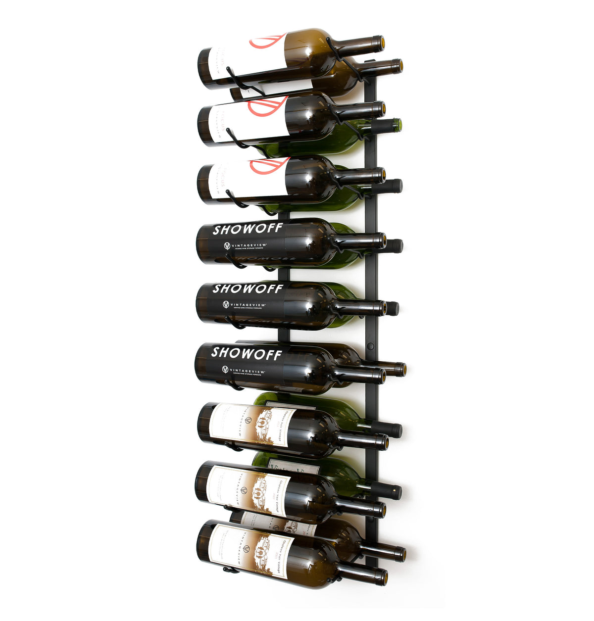 Wall-mounted wine bottle rack holding dark green bottles with labels, metal hooks
