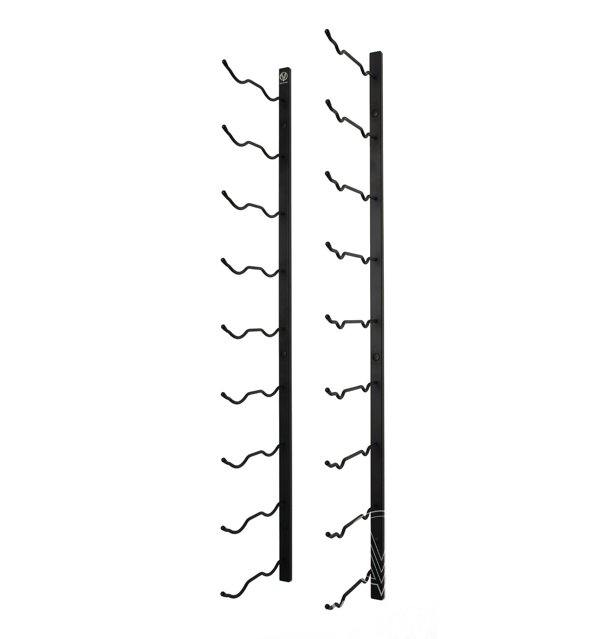 Wall-mounted bottle rack with curved hooks, twin vertical bars in matte black
