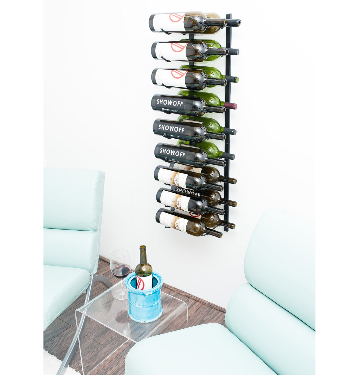 Wall-mounted wine bottle rack with black metal rails and stacked 1.5L bottles