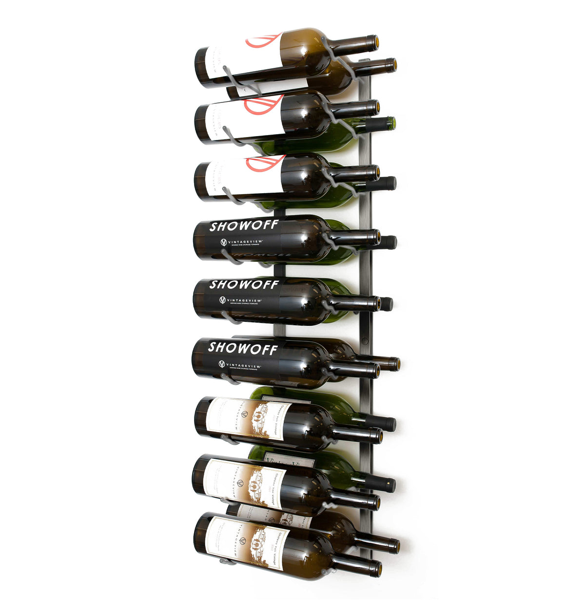 Wall-mounted wine bottle rack with black metal rails holding dark glass bottles