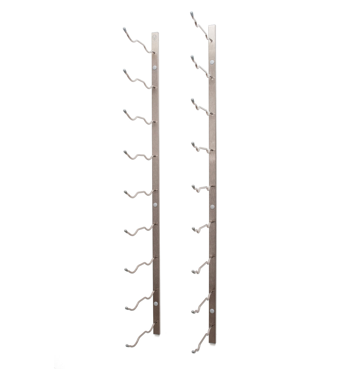 Wall-mounted bottle rack frame with vertical metal posts and curved bottle hooks